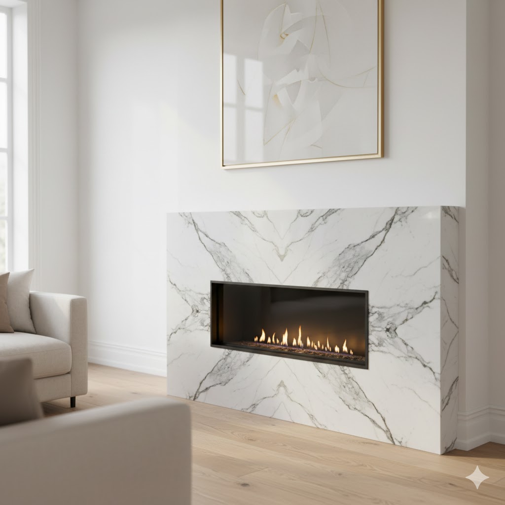 Elegant white marble fireplace surround in a living room.