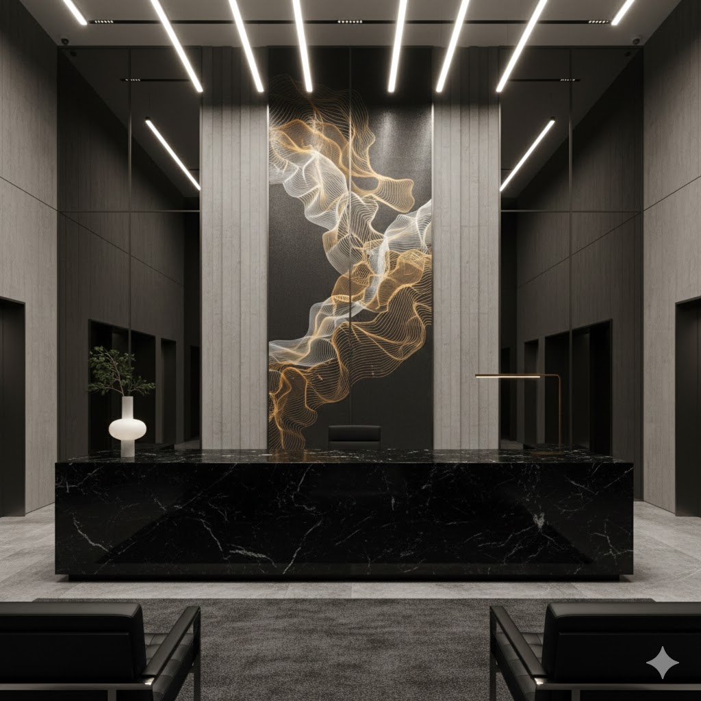 Sleek granite reception desk in a high-end office lobby.