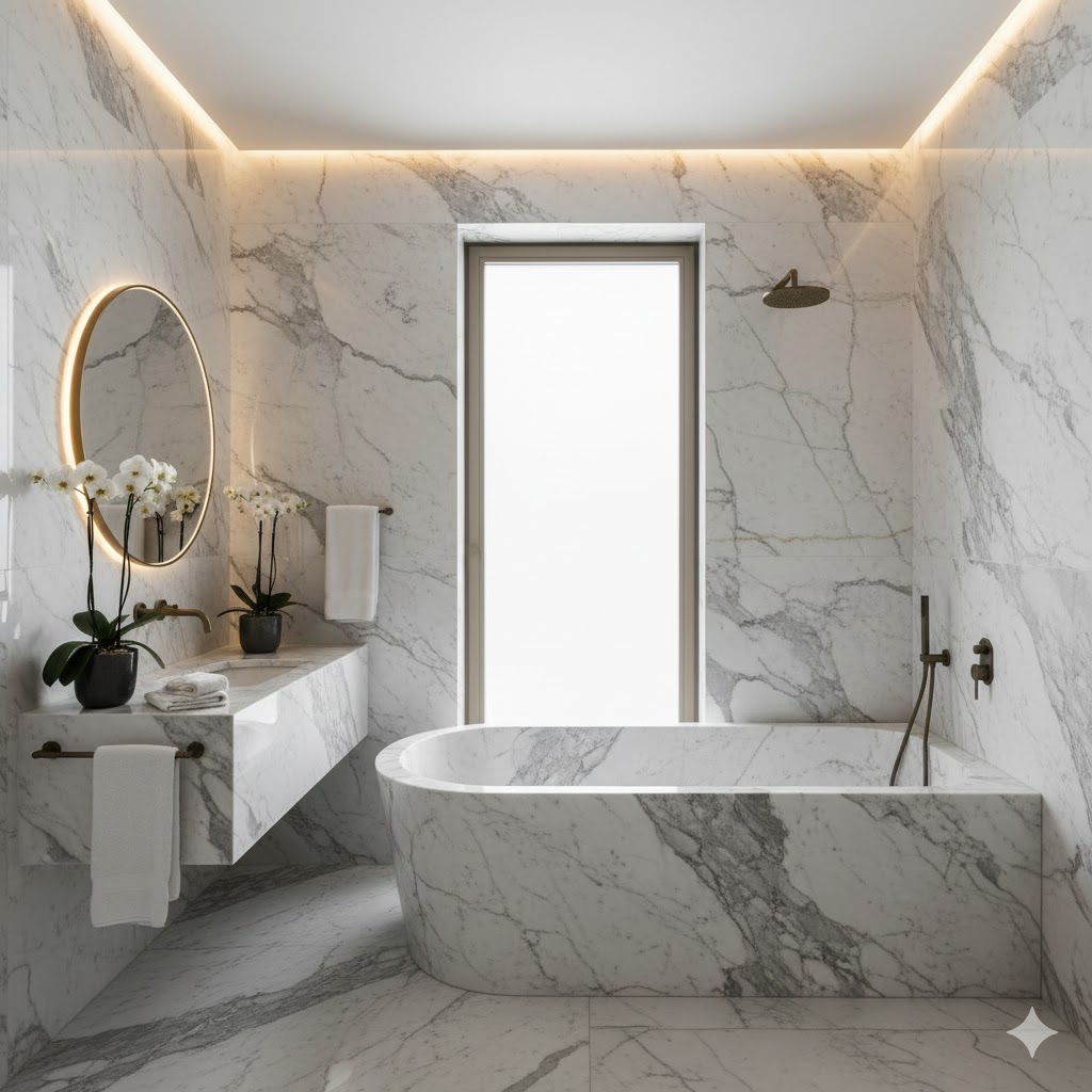 Luxurious marble clad spa bathroom with deep soaking tub.